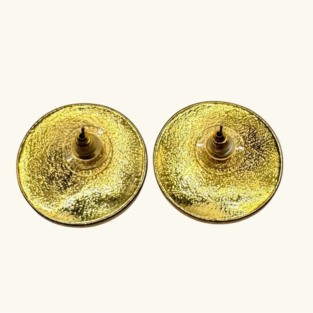 Vintage Green Enamel Gold Tone Round Stud Earrings | Retro Modern